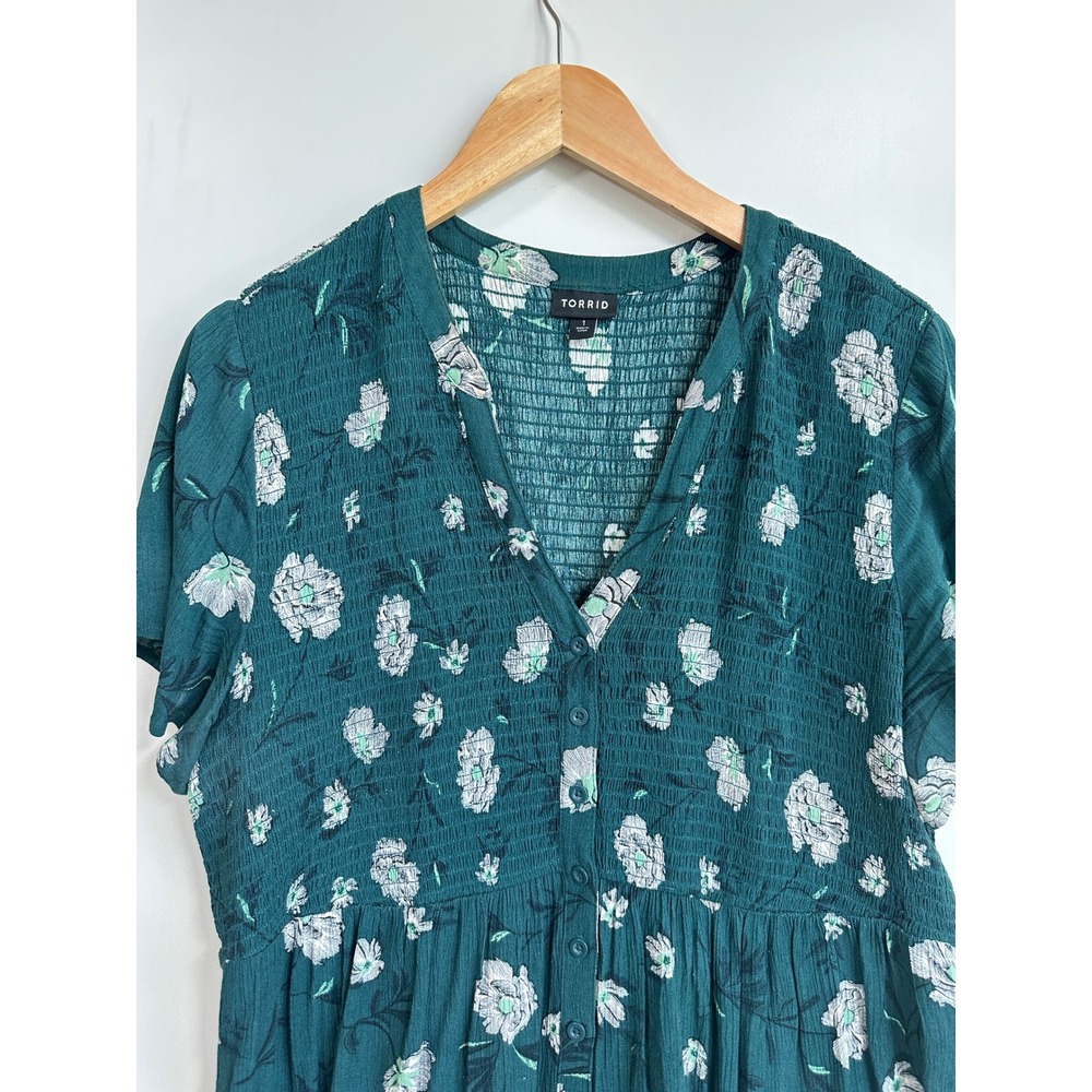 Torrid Babydoll Tunic Teal Floral Smocked Boho Cottagecore Casual Size 1 Casual - Picture 5 of 16